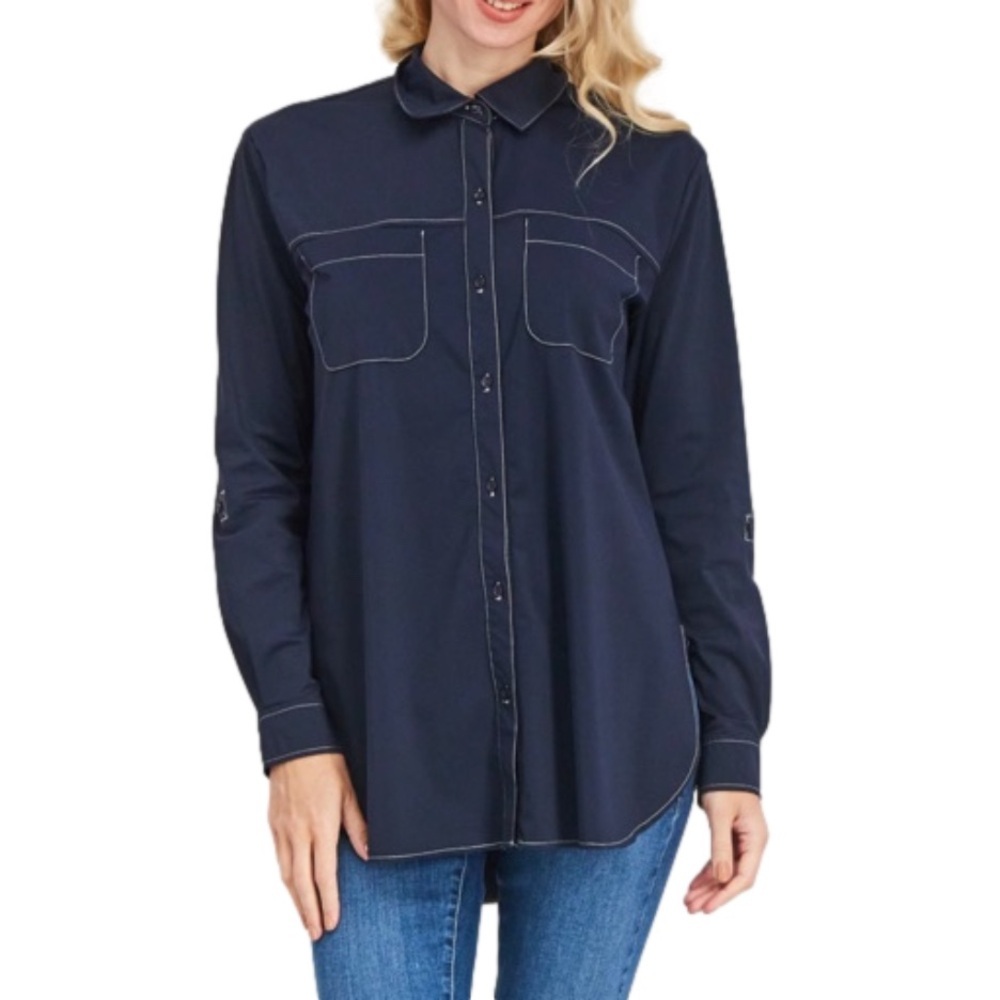 Lysse Camper Sporty Button Down Top Small Long Sleeve Pockets Soft Stretchy